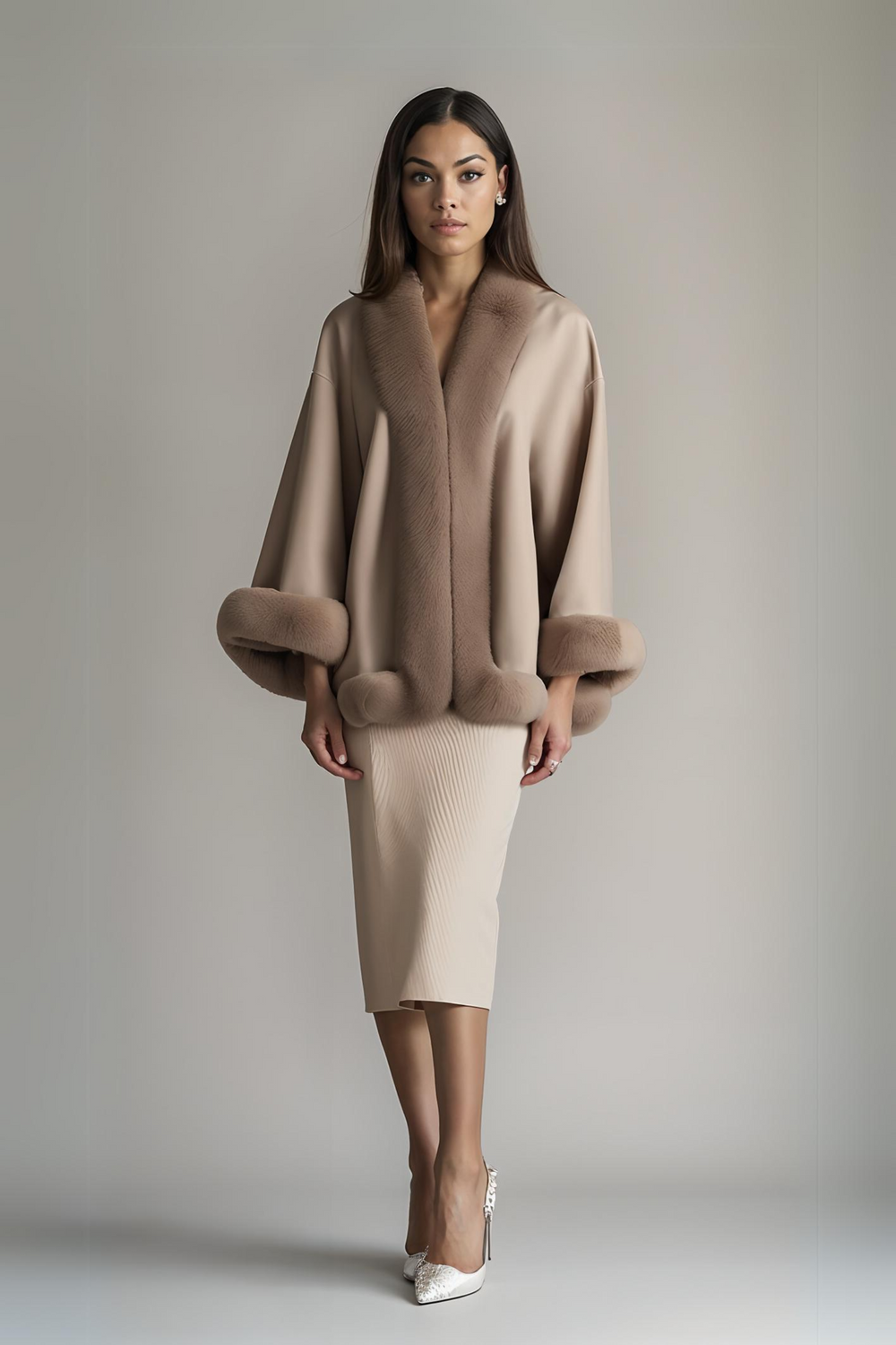 TAUPE CLARISSA FUR WRAP COAT