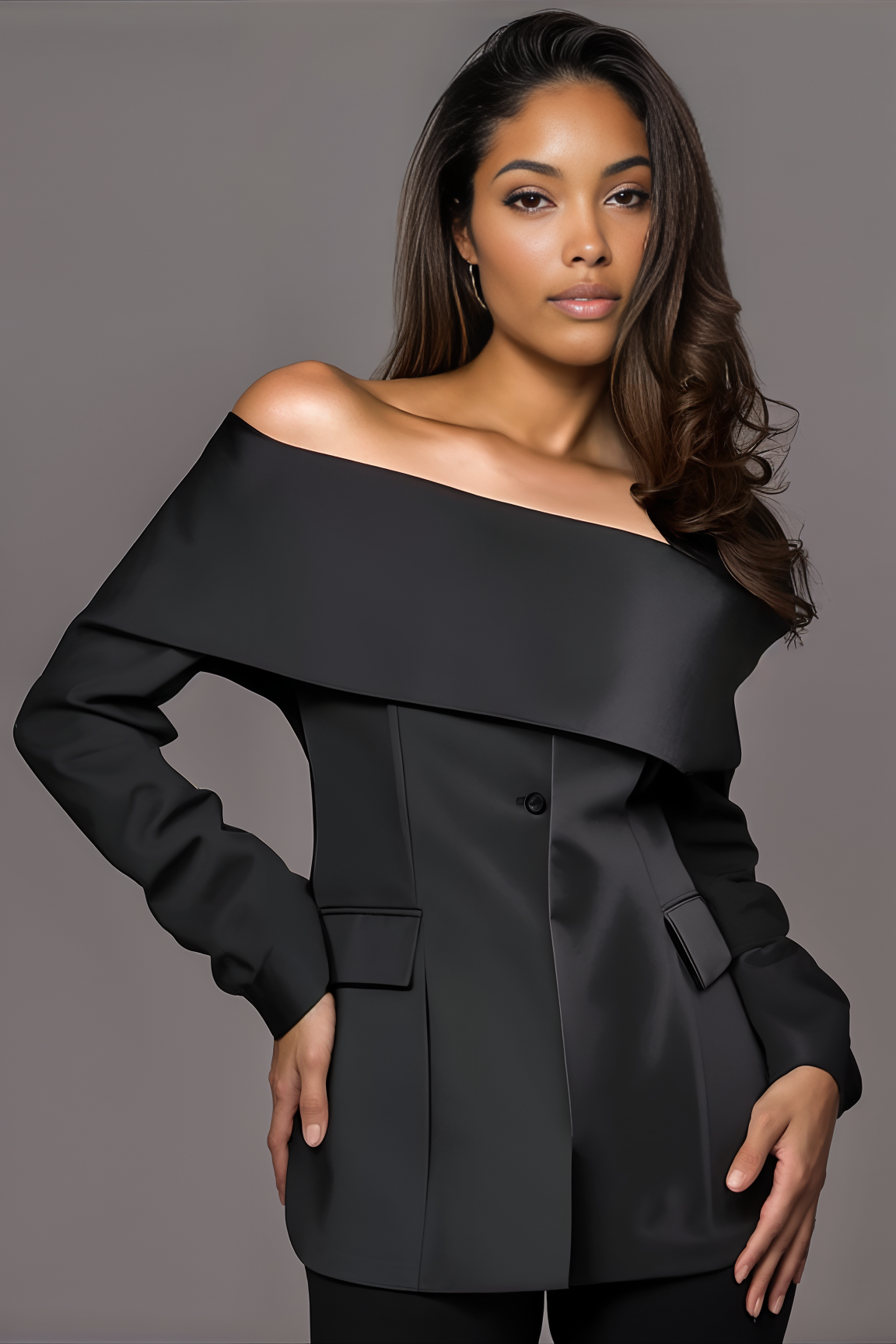 BLACK CAROLE OFF SHOULDER BLAZER